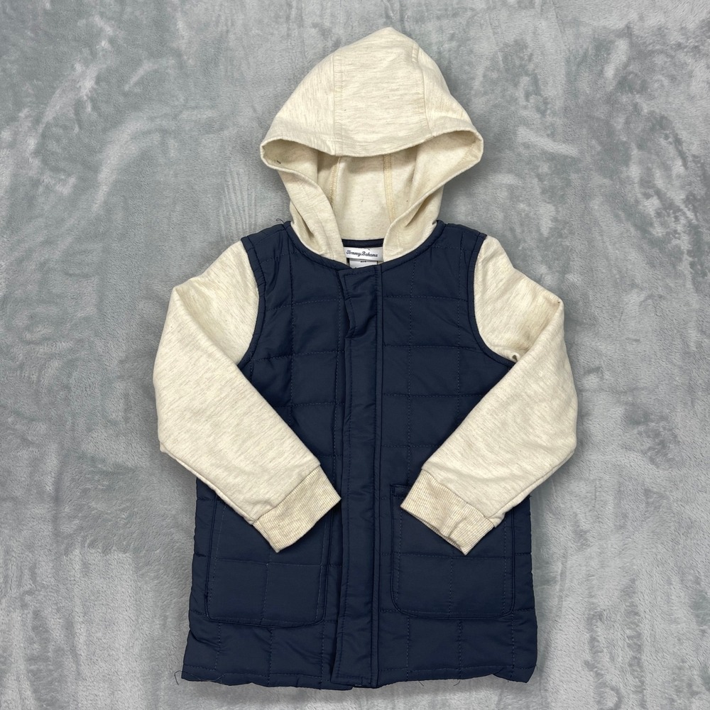 Tommy Bahama Unisex Toddler Kids Jacket 4T‎ Navy Beige Quilted Hooded Full Zip